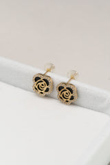 14K Solid Yellow Gold Black Rose Stud Earring