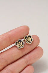 14K Solid Yellow Gold Black Rose Stud Earring