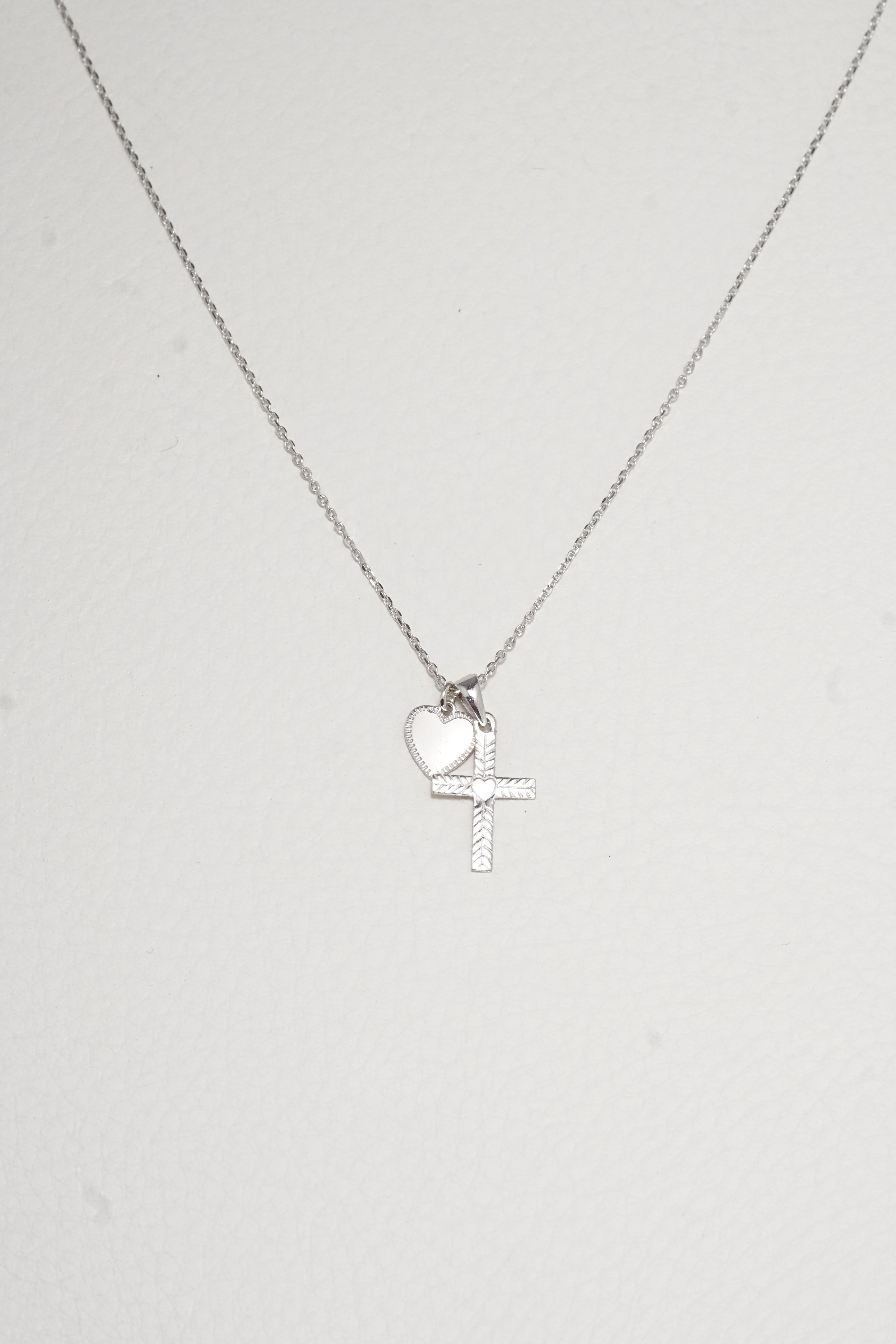 14K Solid White Gold Cross Heart Two Charms 18" Necklace - Pretty At Sam