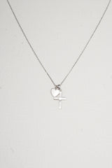 14K Solid White Gold Cross Heart Two Charms 18" Necklace - Pretty At Sam
