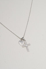 14K Solid White Gold Cross Heart Two Charms 18" Necklace - Pretty At Sam