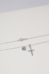 14K Solid White Gold Cross Heart Two Charms 18" Necklace - Pretty At Sam