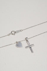 14K Solid White Gold Cross Heart Two Charms 18" Necklace - Pretty At Sam