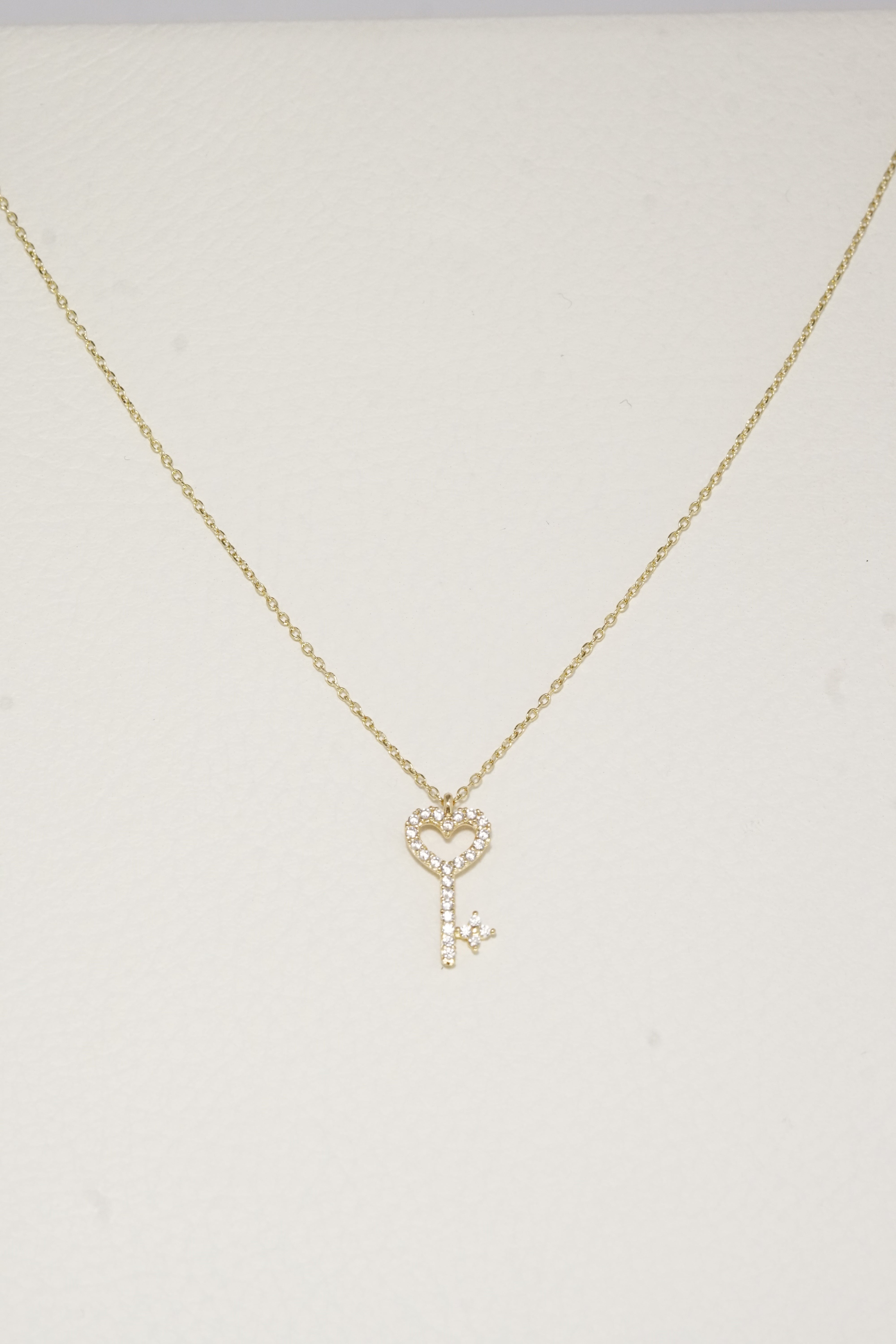 14K Solid Gold CZ Key Charm Round Chain 16 inch Necklace - Pretty At Sam