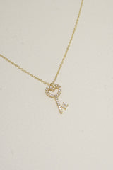 14K Solid Gold CZ Key Charm Round Chain 16 inch Necklace - Pretty At Sam