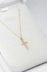 14K Solid Gold Pave Cross Charm Necklace