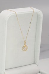 14K Solid Gold Double Halo CZ Pendant Necklace