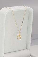 14K Solid Gold Double Halo CZ Pendant Necklace