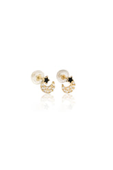 14K Gold Black Star Crescent Moon Stud Earring