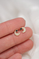 14K Gold Black Star Crescent Moon Stud Earring