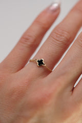14K Solid Gold Flat Chain Black Clover Ring | Chain Ring | Solid Gold