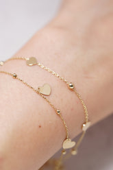 14K Solid Gold Multi Flat Heart Charm Ball Linked Bracelet