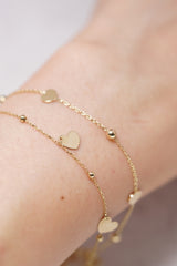 14K Solid Gold Multi Flat Heart Charm Ball Linked Bracelet