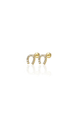 14K Solid Gold CZ Horse Shoes Screw Back Stud Earring