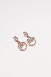 ✨ Geometric Hexagon Crystal Dangle Earrings – Rose Gold Plated, Hypoallergenic ✨