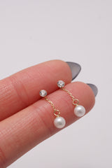 14K Solid Gold 3MM CZ Stud Mother of Pearl Dangle Screw Back Earring