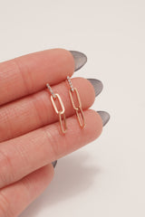 14K Solid Gold Rose Gold Collection CZ Bar Paper Clip Drop Stud Earring