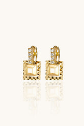 14K Solid Gold Diamond-Cut Square Drop Huggie Hoop Earrings