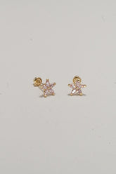 14K Solid Gold CZ Five Star Flower Screw Back Stud Earring