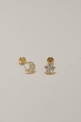 14K Solid Mismatch CZ Moon And Star Screw Back Stud Earring