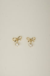 14K Solid Gold Dainty Bow CZ Dangle Stud Earring