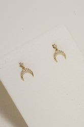 14K Solid Yellow Gold Pave CZ Crescent Moon Dangle Stud Earring