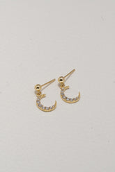 14K Solid Yellow Gold Crescent Moon CZ Ball Dangle Stud Earring