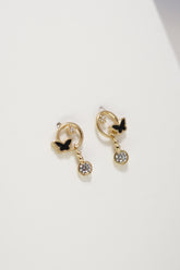 14K Solid Yellow Gold Black Butterfly Dainty CZ Stud Earring