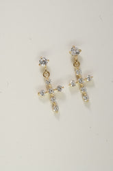 14K Solid Yellow Gold CZ Dangle Cross Stud Earring