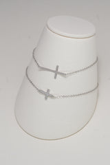14K Solid White Gold Cross Charm With CZ Stone Bracelet