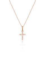 14K Solid Rose Gold CZ Simple Cross Charm Necklace