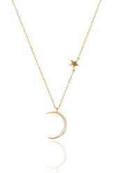 14K Solid Gold Crescent Moon And Star Round Cut Chain Necklace