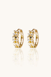 14K Solid Gold Diamond-Cut CZ Floral Huggie Hoop Earrings