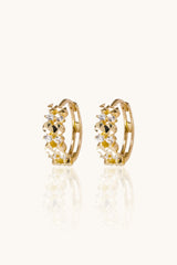 14K Solid Gold Diamond-Cut CZ Floral Huggie Hoop Earrings
