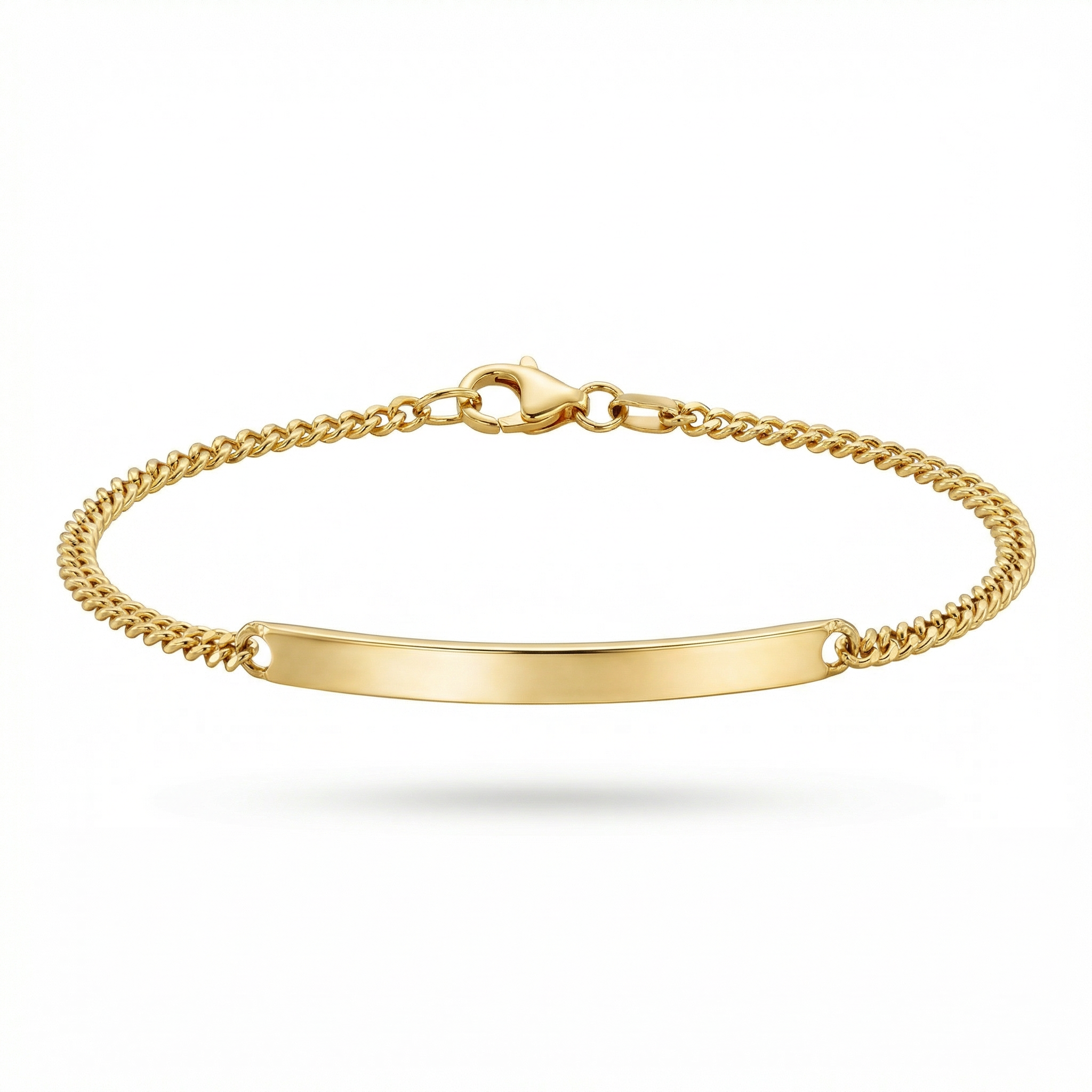 Gold bracelet with a plain tag on a white background