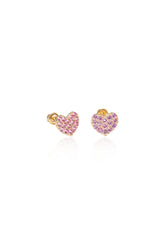 14K Solid Gold Lab Grown Pink Stone Pave Setting Heart Screw Back Stud Earring - Pretty At Sam