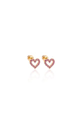 14K Solid Gold CZ XS Pink Stone Open Heart Stud Screw Back Earring - Pretty At Sam
