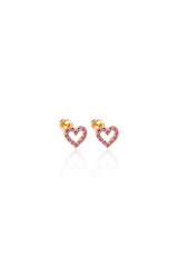 14K Solid Gold CZ XS Pink Stone Open Heart Stud Screw Back Earring - Pretty At Sam