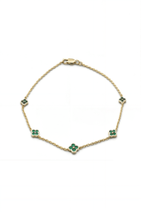 14K Solid Gold Clover Natural Diamond and Emerald Chain Bracelet 7" Long - Pretty At Sam