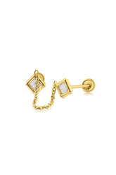 14K Solid Gold CZ 2 Chain Screw Back Stud Earring - Pretty At Sam