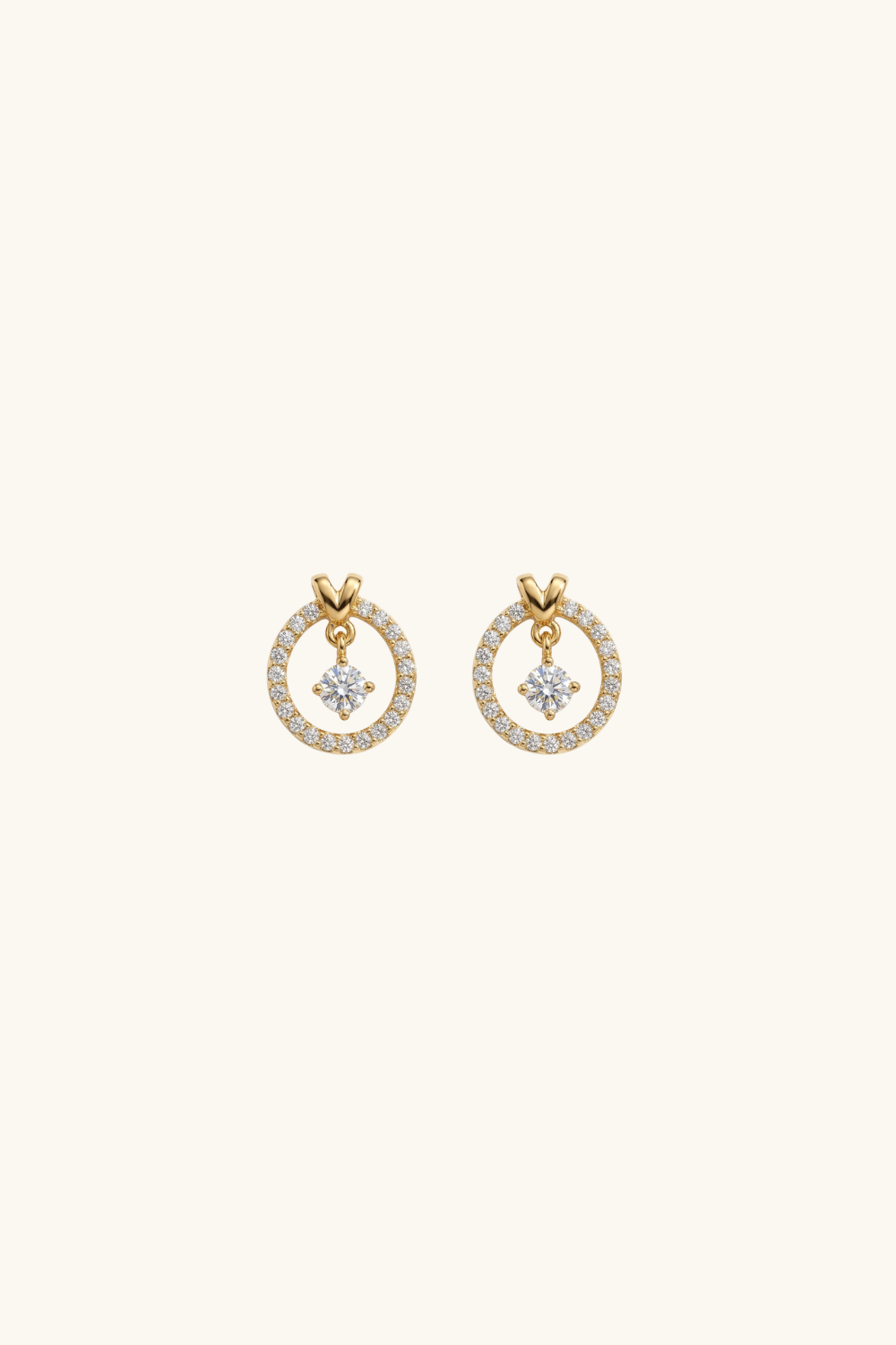 14k solid gold dancing stone halo stud earrings with sparkling pavé circle