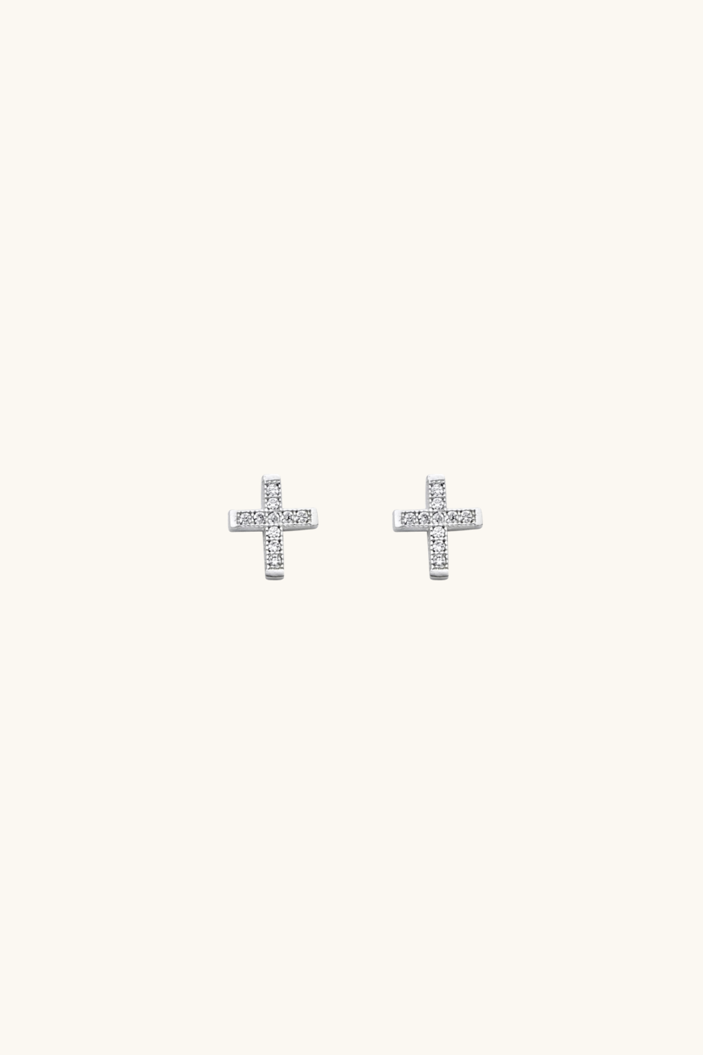 14k solid white gold micro cross stud earrings with sparkling pavé accents