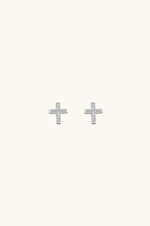 14k solid white gold micro cross stud earrings with sparkling pavé accents