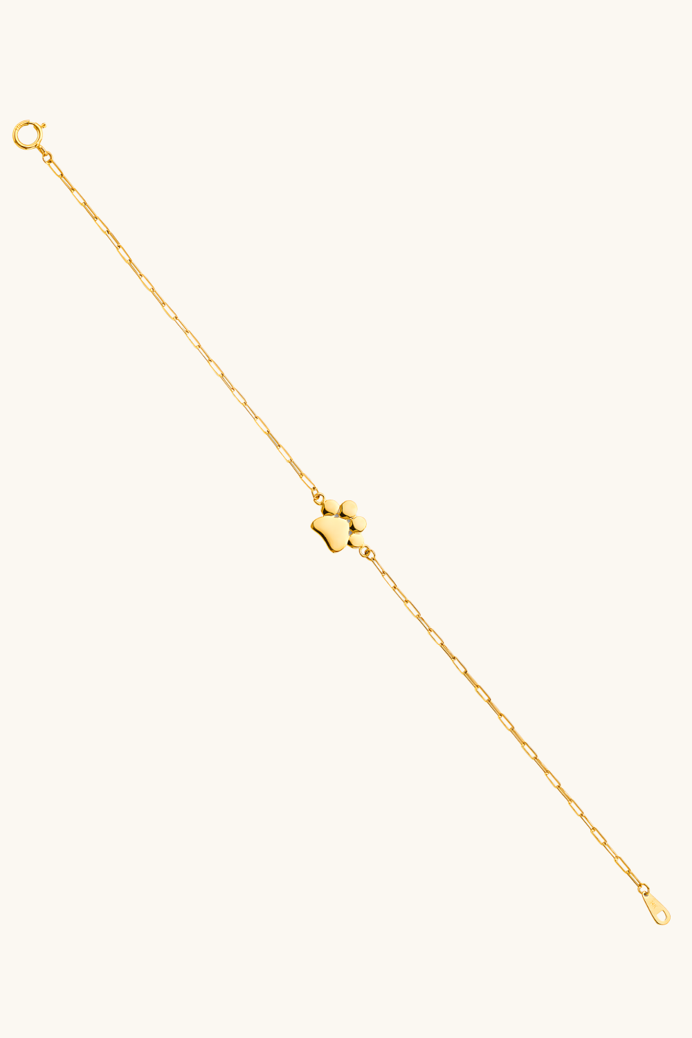 14K solid gold paw charm paperclip chain bracelet on wrist