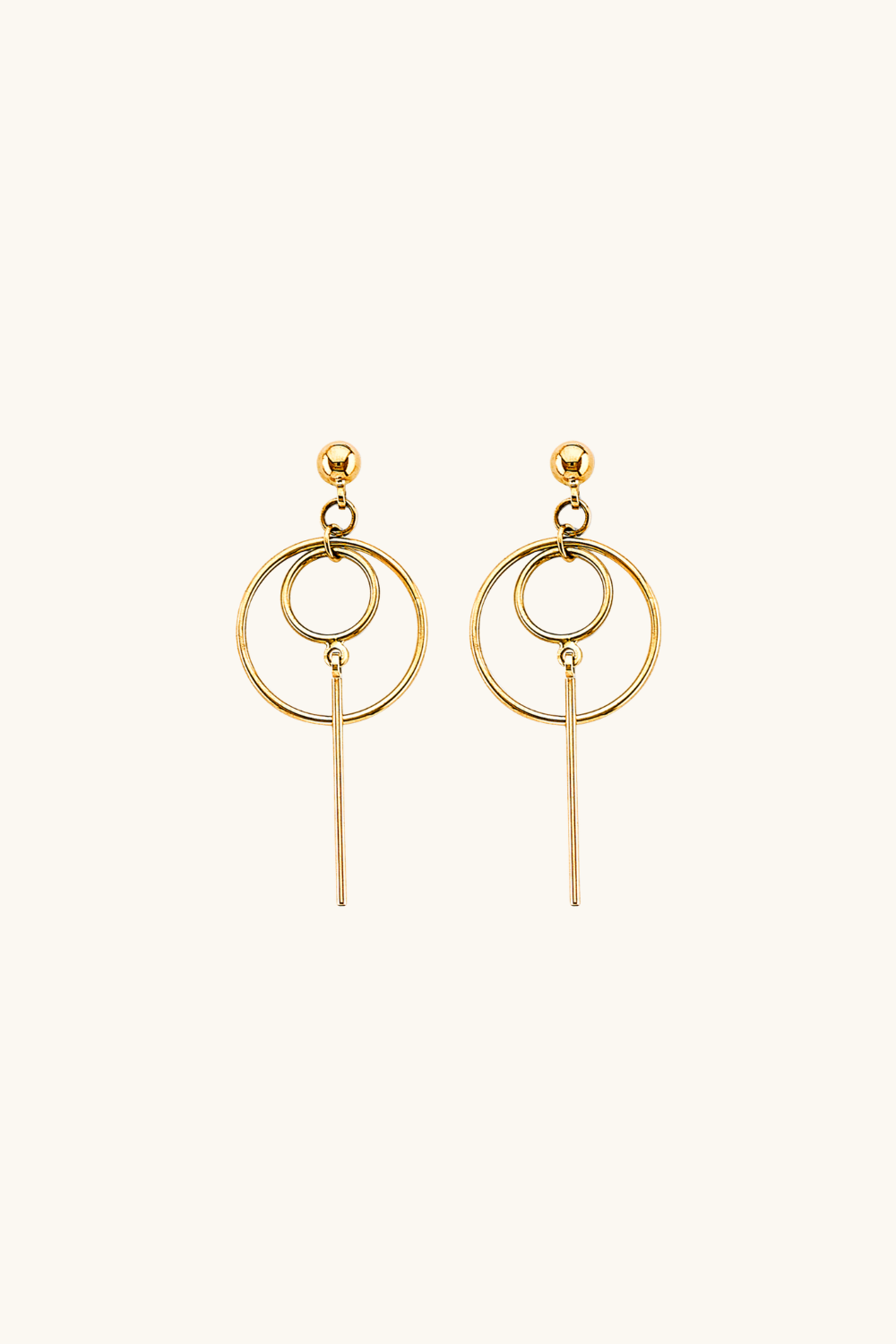 14k solid gold concentric circle and bar drop earrings in yellow gold
