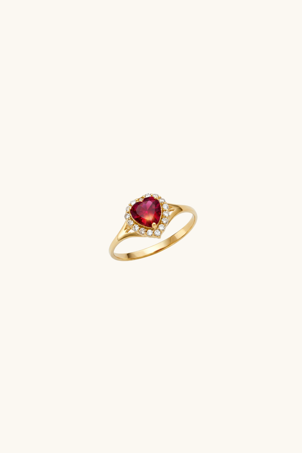 14k solid gold heart ruby ring with halo lab created stones close up