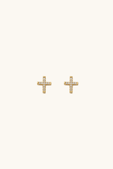 14k solid gold micro cross stud earrings with sparkling pavé accents