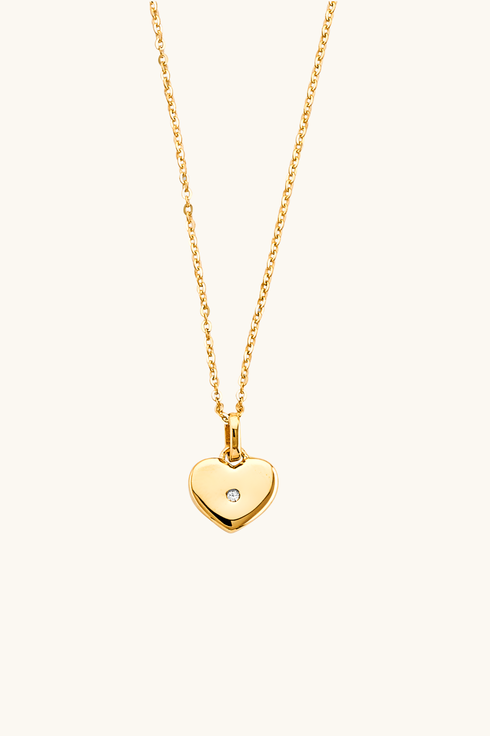 14k solid gold puffy heart necklace with center diamond accent