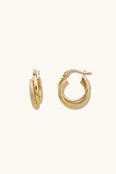 14K Solid Yellow Gold Diamond Cut Textured Double Hoop Earrings