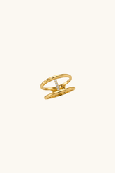 14k solid gold double band ring with pavé diamond vertical bar